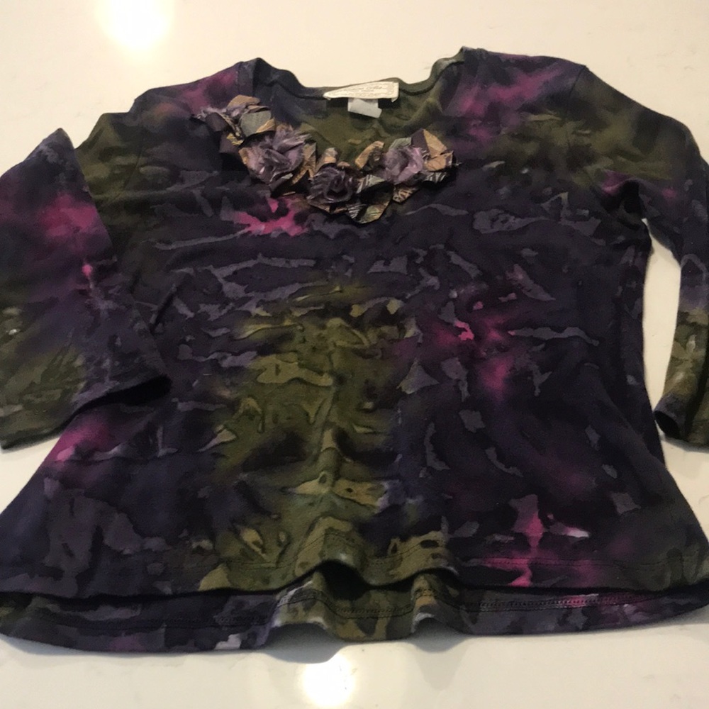 Unusual, artsy top in purples, greens and mauves by Nature Art Lynne Yang.